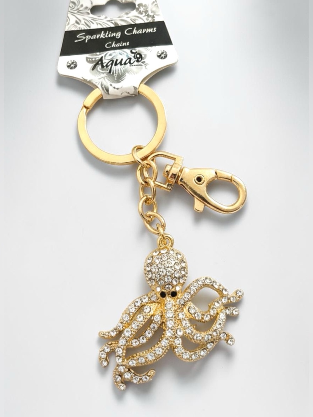 NWT Aqua79 Rhinestone Octopus Bag Charm Keychain Gold Tone Purse Charm Coastal
